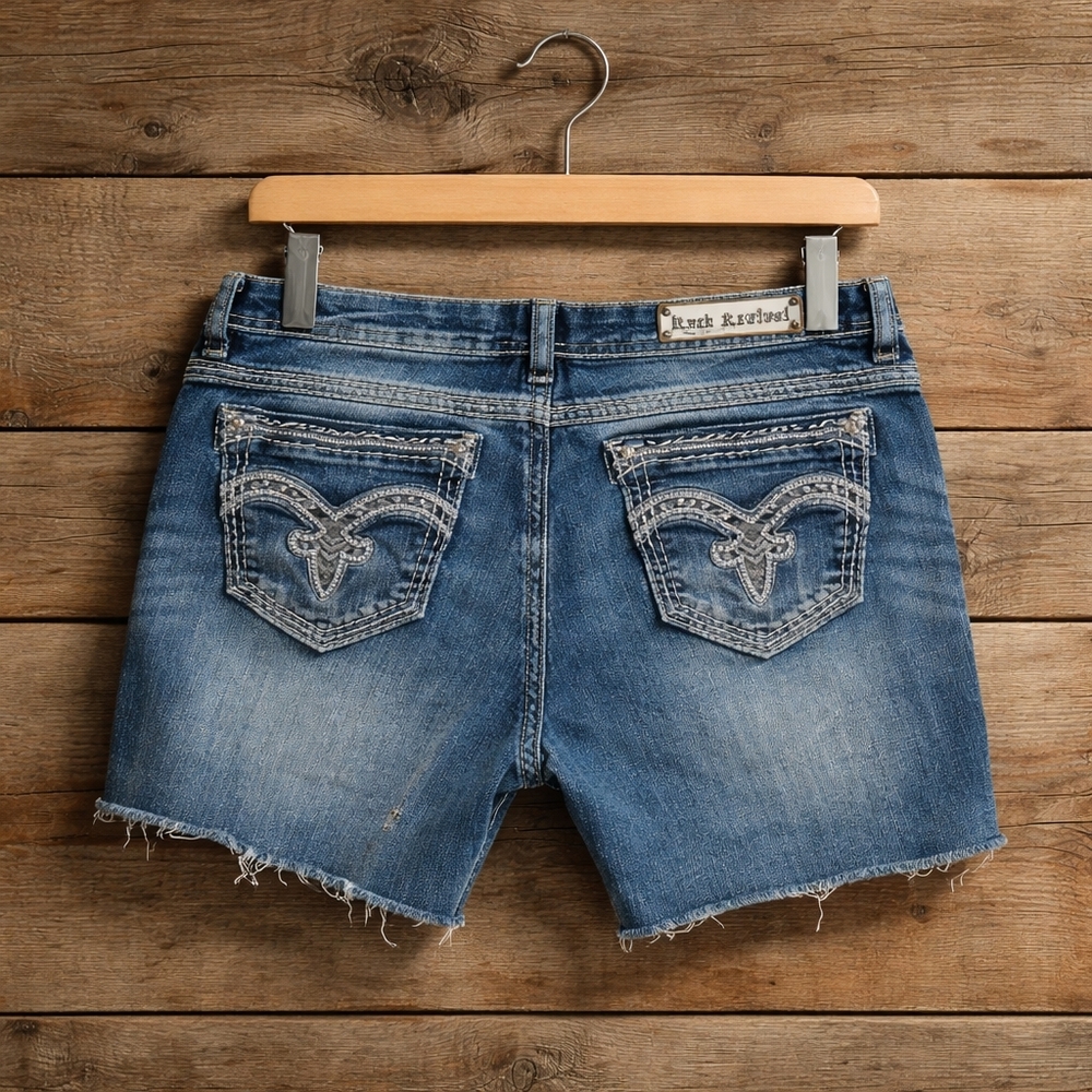 Rock Revival Women's Faded Blue Distressed Jean Shorts - Picture 2 of 6